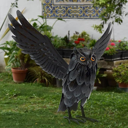 Natelf Solar Owl Decoy Sculptures & Statues Halloween Decoration, Standing Metal Bird Deterrent to Scare Birds Squirrels Away for Outdoor Garden Yard Patio, Black