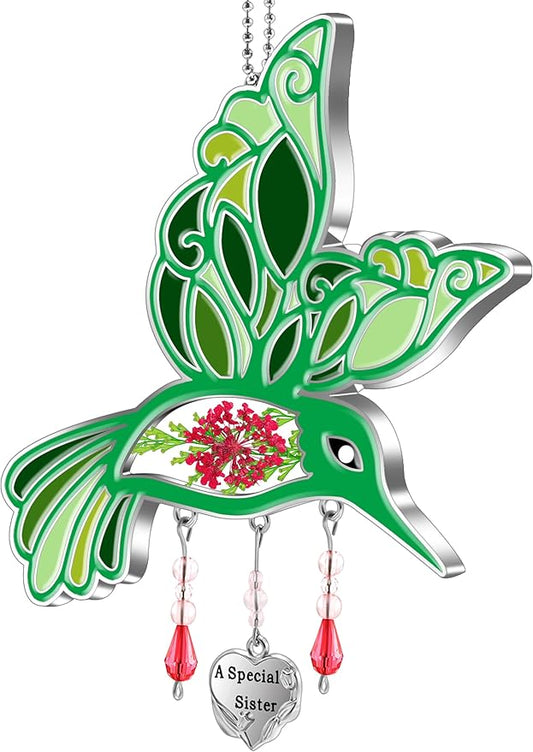 KY&BOSAM Hummingbird Suncatcher A Special Sister Hangings Ornament Home Decor for Windows Wind Chime with Pressed Real Flower and Metal Heart Charm Birthday Gifts for Women Mothers Day Christmas