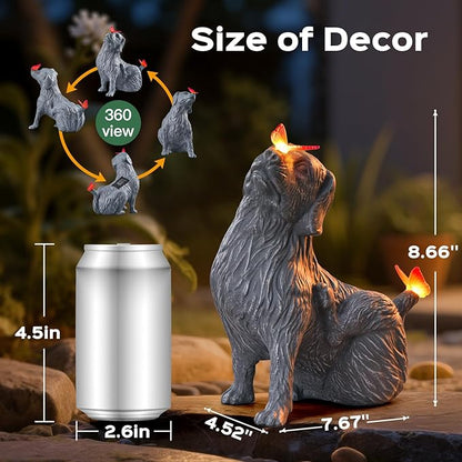 DyBaxa Garden Décor, Garden Statues, Gifts for Women, Mom, Grandma, Patio, Balcony, Yard Decorations Outdoor - Unique Solar Decor Birthday & Housewarming Gifts, Dog Statue with Butterfly Light