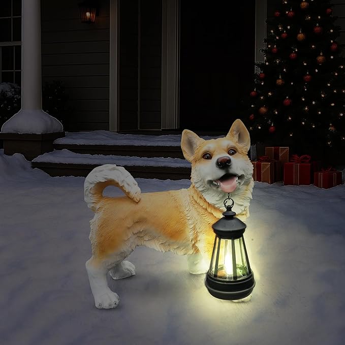 Outdoor Husky Dog Statue with Interchangeable Welcome sign and Detachable Solar Lantern –LED Light Garden Dog Sculpture Décor Garden Statue Outdoor dog statue Cute Puppy Design for Yard Porch Gift