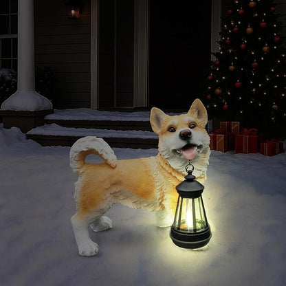 Outdoor Husky Dog Statue with Interchangeable Welcome sign and Detachable Solar Lantern –LED Light Garden Dog Sculpture Décor Garden Statue Outdoor dog statue Cute Puppy Design for Yard Porch Gift