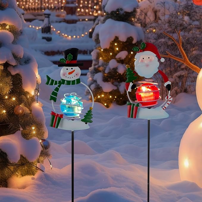 Christmas Solar Garden Lights, 27" H Snowman & Santa Claus Solar Stake Light, 2 Pack Outdoor Statues Figurine Lights for Xmas Holiday Lawn Patio Yard Decoration