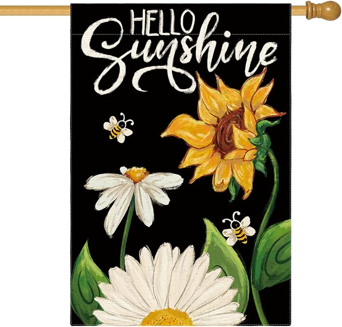 AVOIN colorlife Daisy Sunflower Hello Sunshine House Flag 28x40 Inch Double Sided, Summer Seasonal Holiday Burlap Yard Outdoor Decoration Black