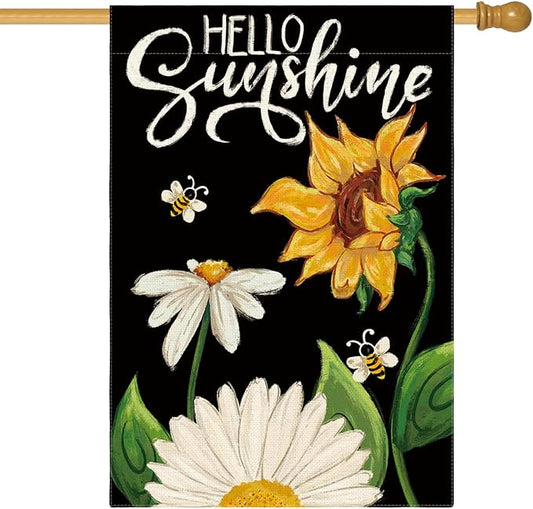 AVOIN colorlife Daisy Sunflower Hello Sunshine House Flag 28x40 Inch Double Sided, Summer Seasonal Holiday Burlap Yard Outdoor Decoration Black