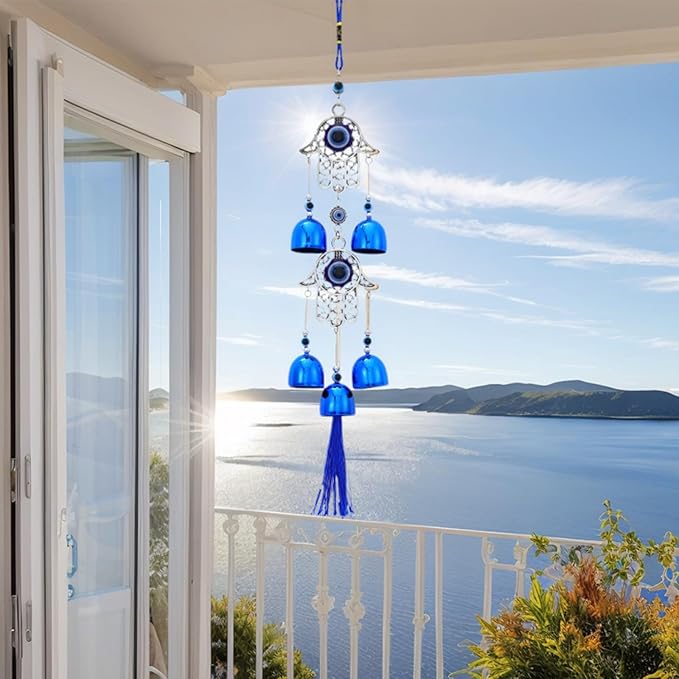 BWINKA Blue Evil Eye Hanging Decoration Ornament Metal Wind Chimes for Home Garden Gift Decoration (Eye-Double)
