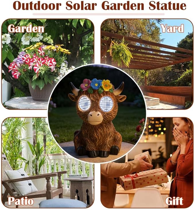 Solar Garden Statue with LED Lights, Dynamic Blinking Lights and Flowers, Outdoor Garden Figurine for Patio Porch Lawn Backyard Decor, Housewarming Gifts for Women (Highland Cow)