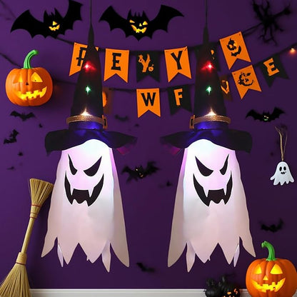 Glowing Ghost Witch Hat Halloween Decorations, Hanging String Lights with 3Modes, Easter Outdoor/Indoor Scary Decor, Double-Sided Ghost Face Ornaments for Tree, Yard, Haunted Trails, Party, 2 Pcs