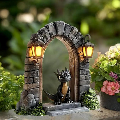 Dragon Garden Statue with LED Lanterns, Gothic Stone Archway, Dark Grey Resin, 15x12cm, Fantasy Medieval Decor, Illuminated Design for Outdoor Garden Path