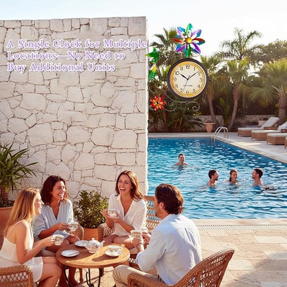 Vintage Indoor Outdoor Clock - Silent Non-Ticking, Double Sided Wall Clock with Windmill Decor Waterproof for Garden, Patio, Yard, Farmhouse, Home Décor (Colorful)