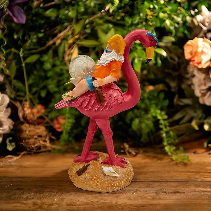 Solar Gnome with Flamingo - Funny Outdoor Garden Decor Statue with Glass Ball Light, Automatic LED Illumination for Patio, Yard, Lawn