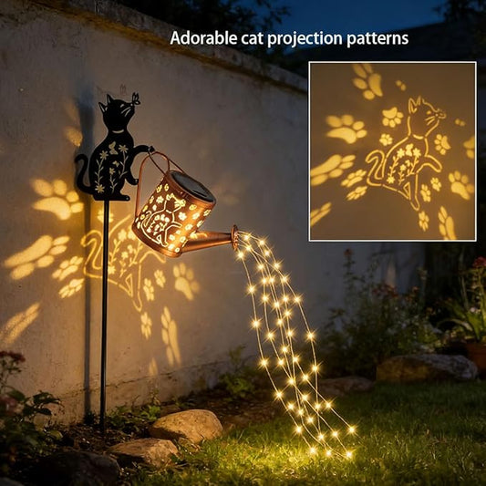Solar Outdoor Garden Decorative Watering Can with Light, Featuring Metal Cat Silhouette Garden Stake, Waterproof Garden Decor,for Lawns, Pathways,Garden Gift for Women