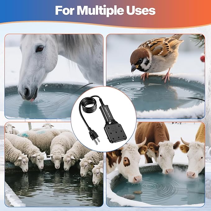 120V 800W Pond De-Icer and Chicken Water Heater for Livestock Tank Heater, Featuring Power-Off Protection, Overheating Protection, GFCI Plug & 9.2FT UL Approved Cord