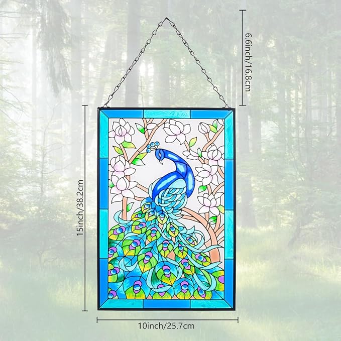 VEWOGARDEN W10 xH15 Peacock Art Glass Suncatcher Hand Painted Stained Glass Window Hangings Panel Decor with Chain