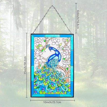 VEWOGARDEN W10 xH15 Peacock Art Glass Suncatcher Hand Painted Stained Glass Window Hangings Panel Decor with Chain