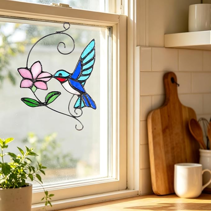 Blue Hummingbird Stained Glass Suncatcher with Flower, Handmade Window Hanging Light Catcher Bird Decor for Home & Garden, Glass Ornament Gift for Mom, Grandma & Nature Lovers