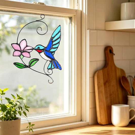 Blue Hummingbird Stained Glass Suncatcher with Flower, Handmade Window Hanging Light Catcher Bird Decor for Home & Garden, Glass Ornament Gift for Mom, Grandma & Nature Lovers