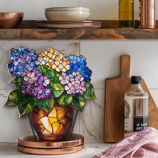 Hydrangea Flower Acrylic Window Hanging,Colorful Flowerpot Hanging,Stained Acrylic Hydrangea Flower Sun Catcher for Home Office Wall Window Decor