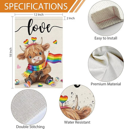 Heyfibro Love Cute Highland Cow Pride Garden Flag 12x18 Double Sided Burlap, Rainbow Heart Pattern Gay Lesbian LGBT Pansexual Yard Banner for Pride Month Outdoor Decoration (ONLY FLAG)