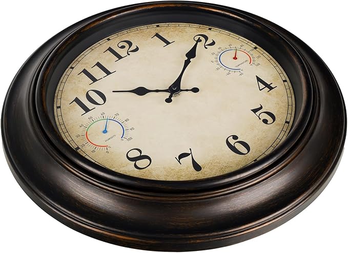 18 Inch Large Outdoor Wall Clock with Thermometer & Hygrometer, Waterproof Retro Bronze Garden Clock for Patio, Pool, Backyard, Farmhouse Decor, Silent Non-Ticking