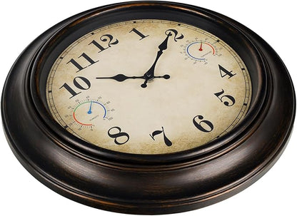 18 Inch Large Outdoor Wall Clock with Thermometer & Hygrometer, Waterproof Retro Bronze Garden Clock for Patio, Pool, Backyard, Farmhouse Decor, Silent Non-Ticking