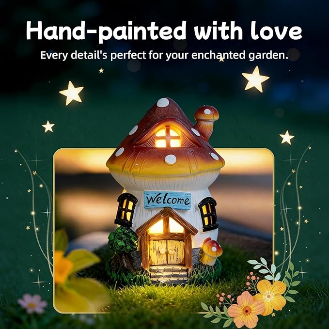 Ferrisland Solar Powered Mushroom House Statue with LED Light, 6.8 Inch Resin Garden Figurine with Welcome Sign, Outdoor Decor for Patio, Lawn, Yard, Pathway, Garden Gifts(Mushroom House)