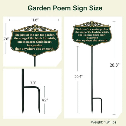 Metal Garden Signs for Outside, "The Kiss of The Sun" Double-Sided Vintage Green Metal Poem Plaque with Stake, Personalized Outdoor Garden Sign for Patio Yard Lawn Backyard Porch Decor