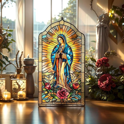 Our Lady of Guadalupe Acrylic Suncatcher, Suncatchers for Window Hanging Ornament, Christian Stained Glass Effect Art Garden Decor for Lover, Gifts for Mother's Day, Mom, Grandma, Wife, Women, Nana
