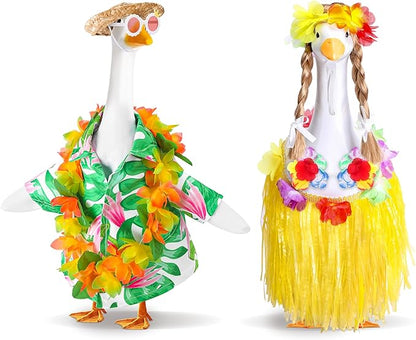 DECOHS 2 Set Hawaiian Porch Goose Outfits, Summer Bikini Lawn Goose Costume, Yard Goose Clothes Grass Skirt Straw Hat with Wreath Glasses Wig for 23" Statue Patio Garden Decoration