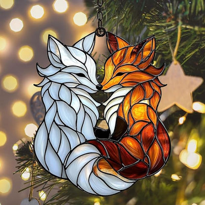 Cute Loving Couple Foxes Acrylic Suncatcher Stained Glass Effect Window Car Hanging Christmas Ornament Indoor Outdoor Decor Garden Sun Catcher Panel for Fox Lover for Women Mom Grandma