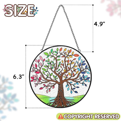 Tuitessine Tree of Life Stained Glass Suncatcher Four Season Theme Colorful Leaves Window Wall Hanging Ornament Hand-Painted Glass Panel Decor Gift for Women Christmas Thanksgiving Gift 6.3 * 6.3”