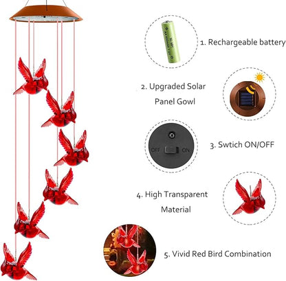 Cardinal Solar Wind Chimes for Outside, Cardinal Wind Chimes Gifts for Mom Grandma Women Wife Girls, IP65 Waterproof Hanging Memorial Red Bird LED Lights for Holiday Garden Yard Window Outdoor Decor
