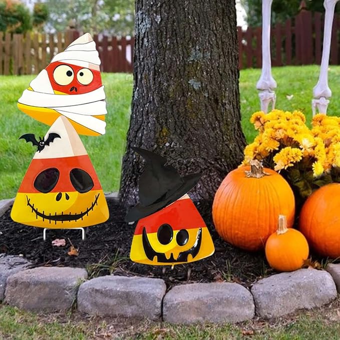 3 Packs Halloween Garden Stakes, Stacked Metal Candy Corn Lawn Decor, Halloween Decorative 3D Yard Signs Stake for Outdoor Front Garden Pathway Decorations