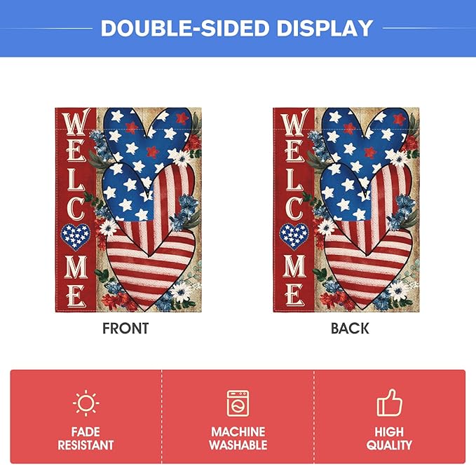AVOIN colorlife 4th of July Love Heart House Flag 28x40 Inch Double Sided Outside, Welcome Independence Day Patriotic Stars and Stripes Yard Outdoor Decoration