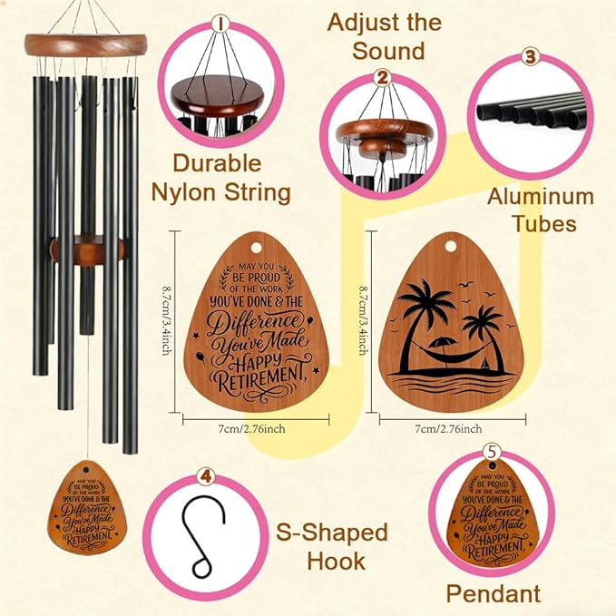 Wind Chimes for Outside, Decorative Wind Chime for Happy Retirement Gifts, Perfect for Garden Patio Porch Backyard Indoor, Unique Memorial Windchime Gift for Friends and Family