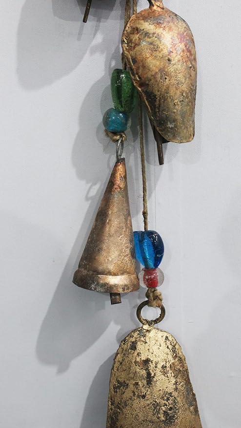 Rustic Iron Antique Style 5 Bells Hanging Wind Chime Cluster | 80 cm / 32" Length | Distressed Metal Tin Bells for Garden, Patio, Balcony, Home Decor | Soothing Sound