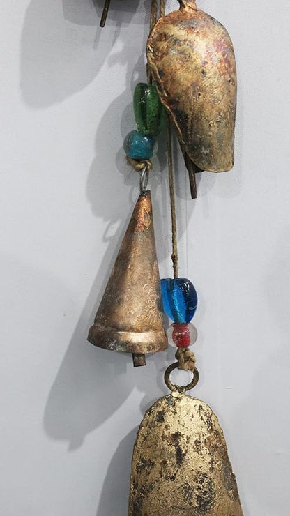 Rustic Iron Antique Style 5 Bells Hanging Wind Chime Cluster | 80 cm / 32" Length | Distressed Metal Tin Bells for Garden, Patio, Balcony, Home Decor | Soothing Sound