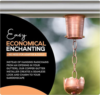 Copper Gutter Adapter with Rain Chain Hanger Clip for Decorative Chimes, Cups & Bells Serves as 2 Inch Rain Chain Installer for Downspout Outlet & Water Diverter for Gorgeous Fountain Display