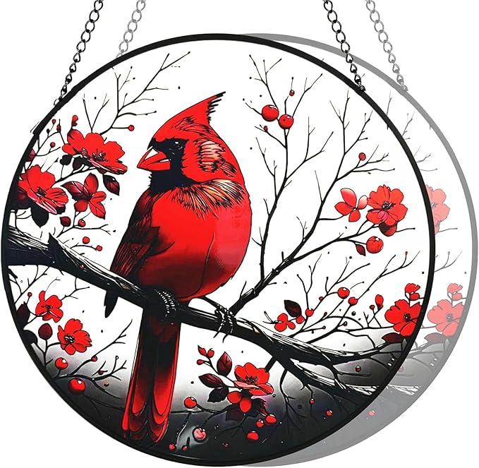 Red Cardinal Garden Suncatchers Outdoor, Cardinal on Branch Stained Glass Window Hanging for Kitchen Living Room, Birds Window Decor Birthday Gift for Mom Grandma 7.9"/20cm