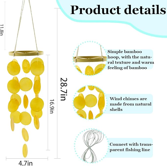 Wind Chimes Outdoor with Round Capiz Shells,Beach Theme Party Decorations Memorial Wind Chimes Suitable for Indoor Front Porch Garden Patio Decoration(Green 23inch)