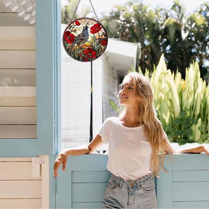 California Quail on Poppies Branch Stained Glass Window Hanging Poppies Sun Catcher Quail Gifts for Women Handmade Suncatchers Decoration for Garden Home Windows Hanging, 7.87inch
