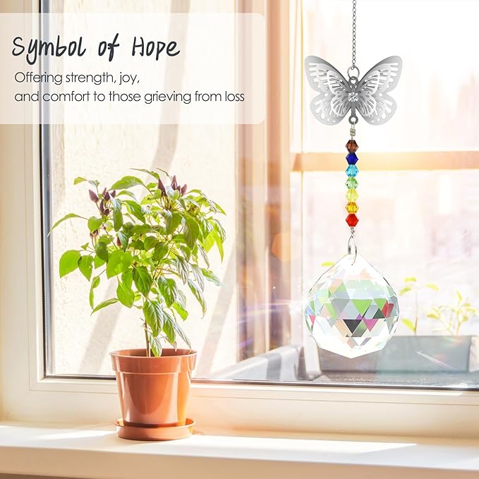 Merrynine Crystal Suncatcher, K9 Crystal Sun Catcher for Window Prism Ball, Unique Pendant Gift, Rainbow Maker with Butterfly Chain for Easy Hanging Indoor Outdoor Decoration (Butterfly Prism Ball)