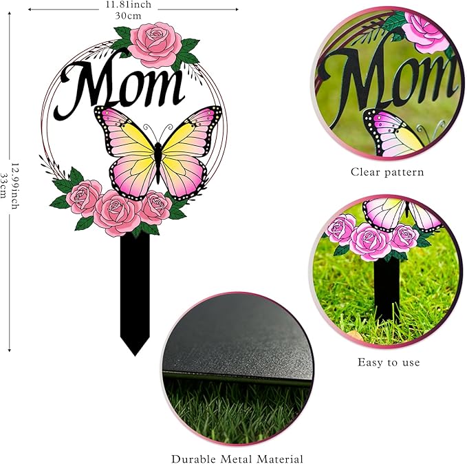 Butterfly Memorial Grave Stake for Mom - Metal Cemetery Decoration with MOM Letters, Sympathy Grave Marker, Rust-Resistant Outdoor Tribute(Butterfly Mom)
