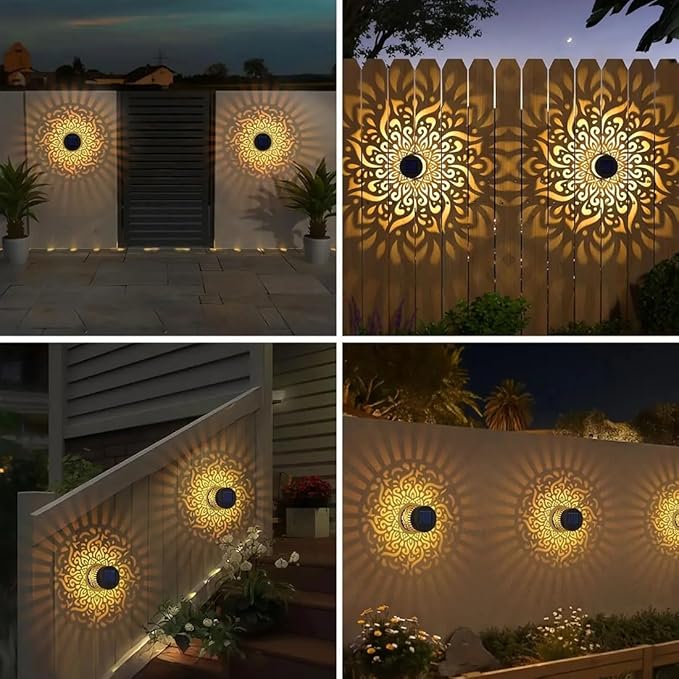 Decorative Solar Mandala Lights, Solar Mandala Lights Outdoor, Solar Powered Outdoor Wall Deck Step Lights, Mandalas Theme Waterproof Fence Light for Garden Patio Backyard Decor (4Pcs Sun)