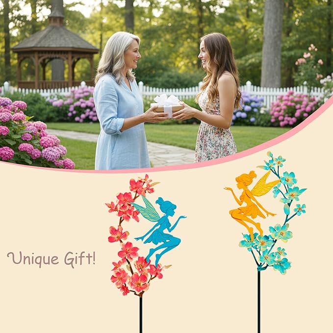 2 Pack Colorful Metal Fairy Garden Stakes - Fairy Sitting on Blooming Flower Outdoor Yard Decorations, Rustproof Garden Ornaments for Lawn, Patio & Flower Beds(Fairys1)