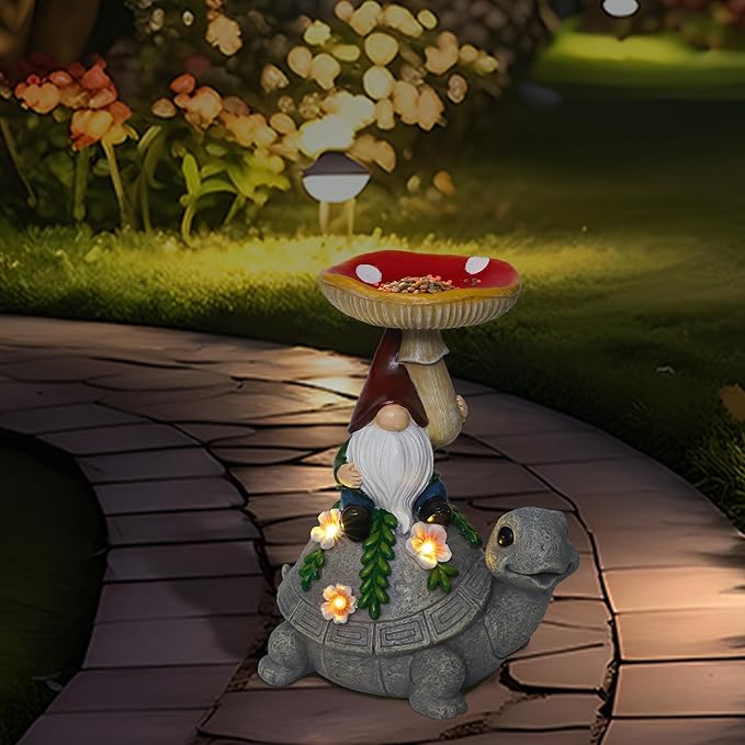 Turtle Garden Solar Statue with Mushroom Bird Bath Outdoor Waterproof, Gifts to Mom Women Grandma Birthday Mother's Day, Gnome Bird Feeder with LED Light for Yard Lawn Porch Outside Decor