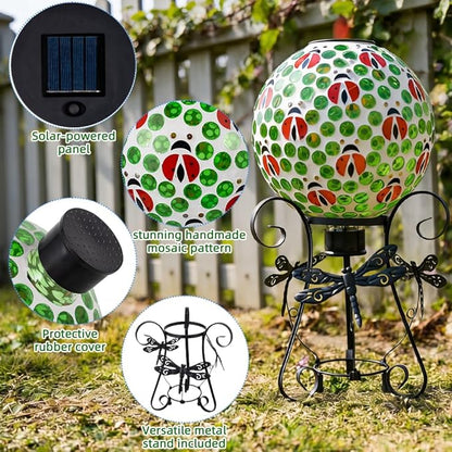 Stargarden Solar Gazing Ball, 10”Glass Gazing Globe, Mosaic Gazing Balls with Metal Ball Stand for Patio, Lawn, Garden Decor(Ladybug)