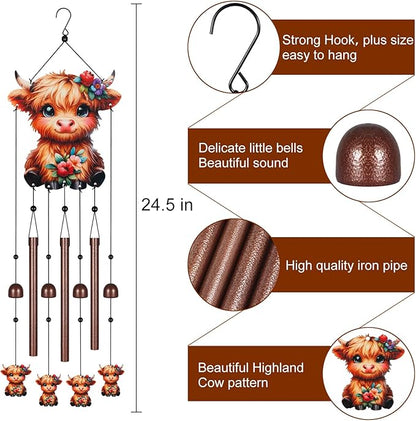 Gifts for Mom, Wind Chimes for Outside Perfect for Outdoor Gardens Patios Home Decor, Features Melodious Tones Create a Zen Atmosphere, Retirement Gifts for Women Men(Colorful Highland Cow