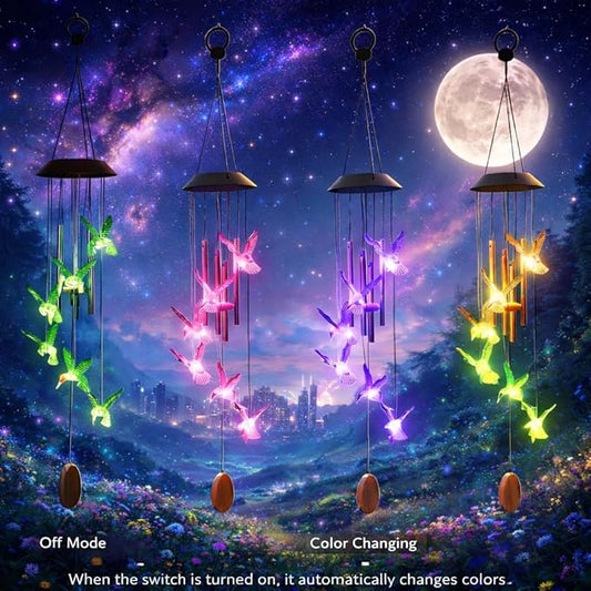 38” Hummingbird Aluminum Tube Solar Light LED Wind Chime for Outside, Weather Resistant Decoration Outdoor Garden Patio Soft Tone Decor, Gift for Birthday, Mother's Day, Atmosphere Creator