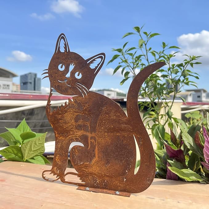 Rusty Cat, Rusty Cat Decoration, Patina Metal Cat Garden Ornaments Silhouette Simulation Cat Figurine Home Decor Rustic Outdoor Patio Yard Adornment Metal Cat Statues