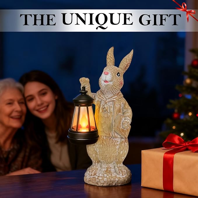 Dr. Bunny Solar Garden Statue, Rabbit Figurine with Glowing Lantern, Handcrafted Resin Outdoor Decor for Patio, Balcony, Yard, Gift for Women, Housewarming, Birthday